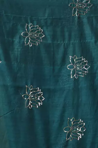 teal mulmul cotton blend saree with lotus sequin work