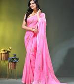 light pink mulmul cotton blend saree with lotus sequin work