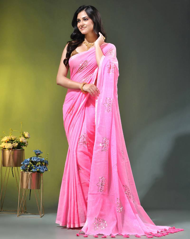 light pink mulmul cotton blend saree with lotus sequin work