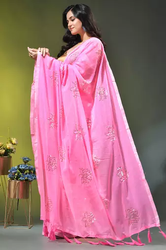 light pink mulmul cotton blend saree with lotus sequin work