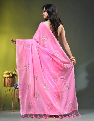 light pink mulmul cotton blend saree with lotus sequin work 4