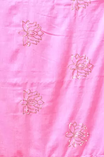light pink mulmul cotton blend saree with lotus sequin work