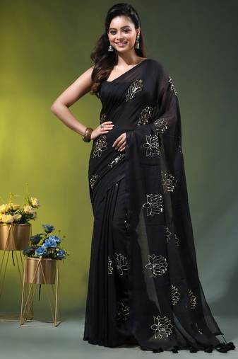 black mulmul cotton blend saree with lotus sequin work