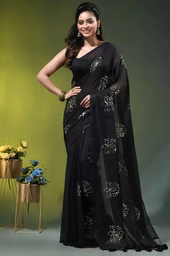 black mulmul cotton blend saree with lotus sequin work
