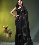 black mulmul cotton blend saree with lotus sequin work