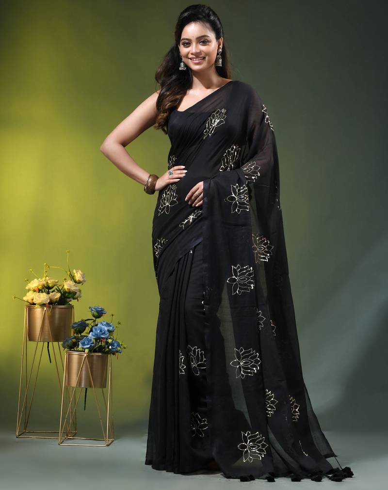 black mulmul cotton blend saree with lotus sequin work