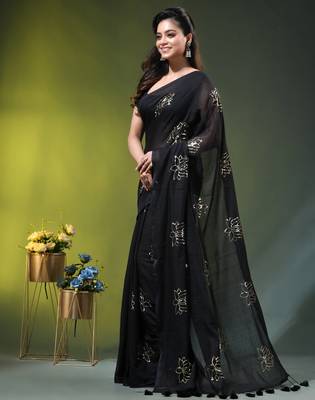 black mulmul cotton blend saree with lotus sequin work 3