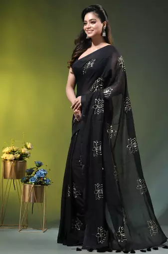 black mulmul cotton blend saree with lotus sequin work