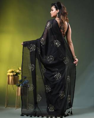 black mulmul cotton blend saree with lotus sequin work 4