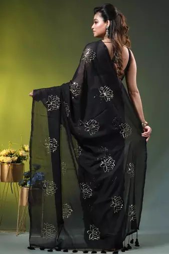 black mulmul cotton blend saree with lotus sequin work