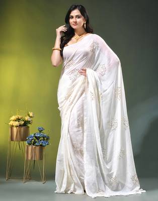 off white mulmul cotton blend saree with lotus sequin work 1