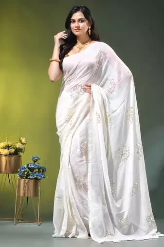 off white mulmul cotton blend saree with lotus sequin work