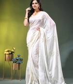 off white mulmul cotton blend saree with lotus sequin work