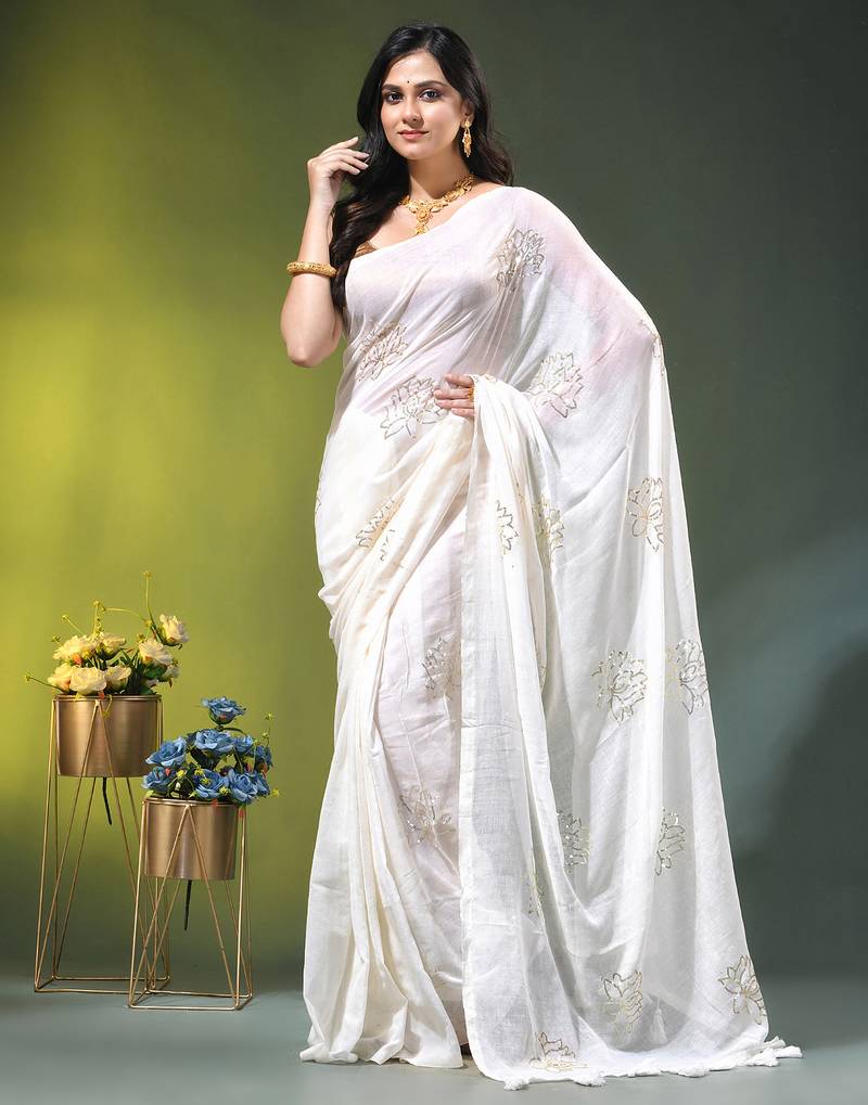 off white mulmul cotton blend saree with lotus sequin work