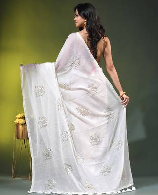 off white mulmul cotton blend saree with lotus sequin work 4