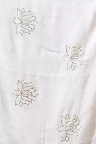 off white mulmul cotton blend saree with lotus sequin work