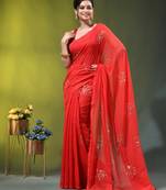 red mulmul cotton blend saree with lotus sequin work