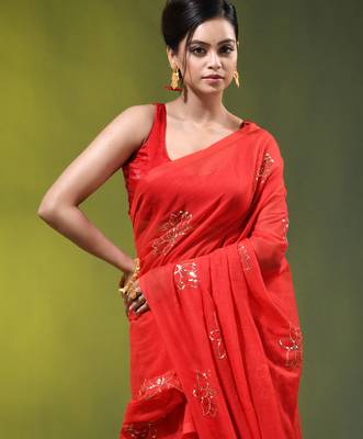 red mulmul cotton blend saree with lotus sequin work 2