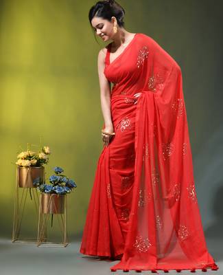 red mulmul cotton blend saree with lotus sequin work 3