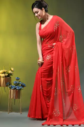 red mulmul cotton blend saree with lotus sequin work
