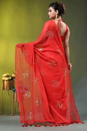 red mulmul cotton blend saree with lotus sequin work
