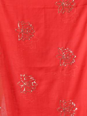 red mulmul cotton blend saree with lotus sequin work 5