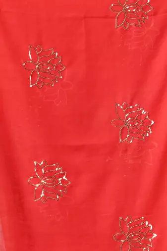 red mulmul cotton blend saree with lotus sequin work