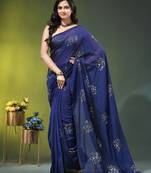 royal blue mulmul cotton blend saree with lotus sequin work