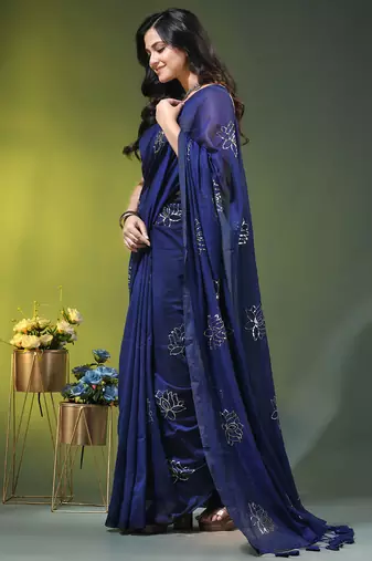 royal blue mulmul cotton blend saree with lotus sequin work