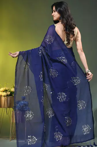 royal blue mulmul cotton blend saree with lotus sequin work