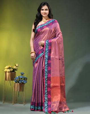 Violet tissue saree with rose woven border 1