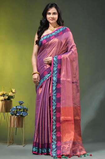 Violet tissue saree with rose woven border