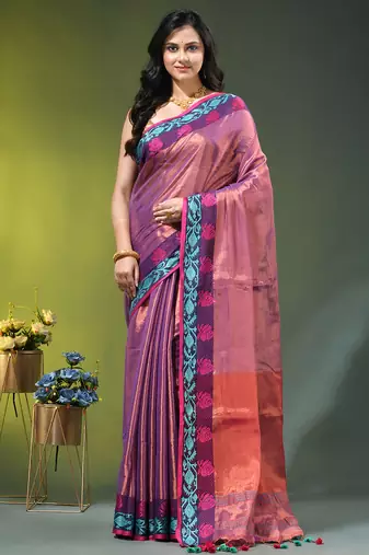 Violet tissue saree with rose woven border