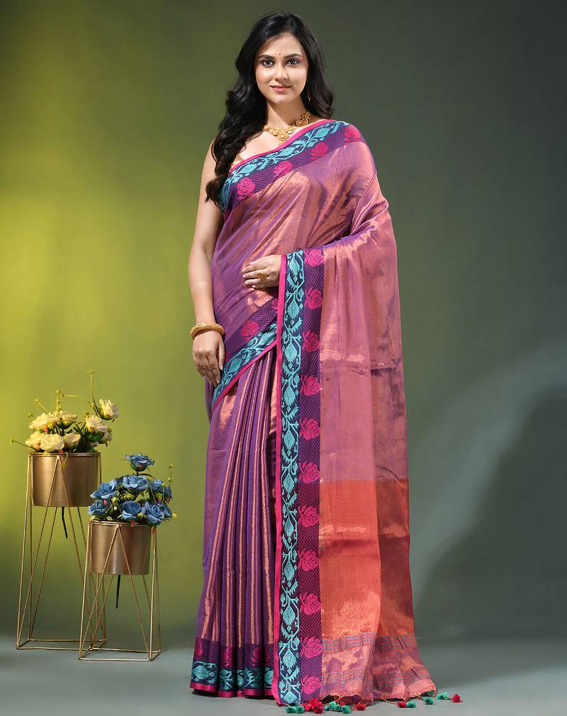 Violet tissue saree with rose woven border