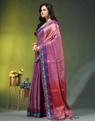 Violet tissue saree with rose woven border 2