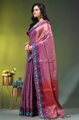 Violet tissue saree with rose woven border
