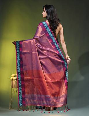 Violet tissue saree with rose woven border 3