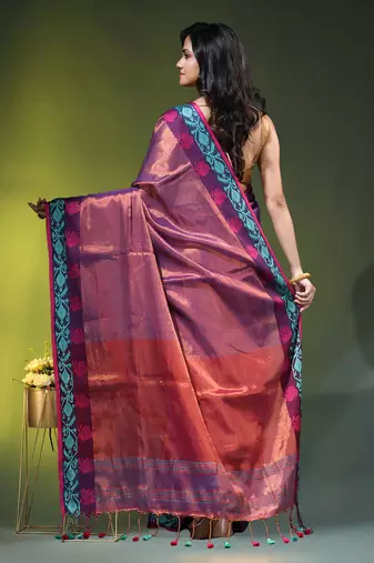Violet tissue saree with rose woven border