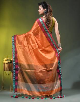 Orange tissue saree with rose woven border 3