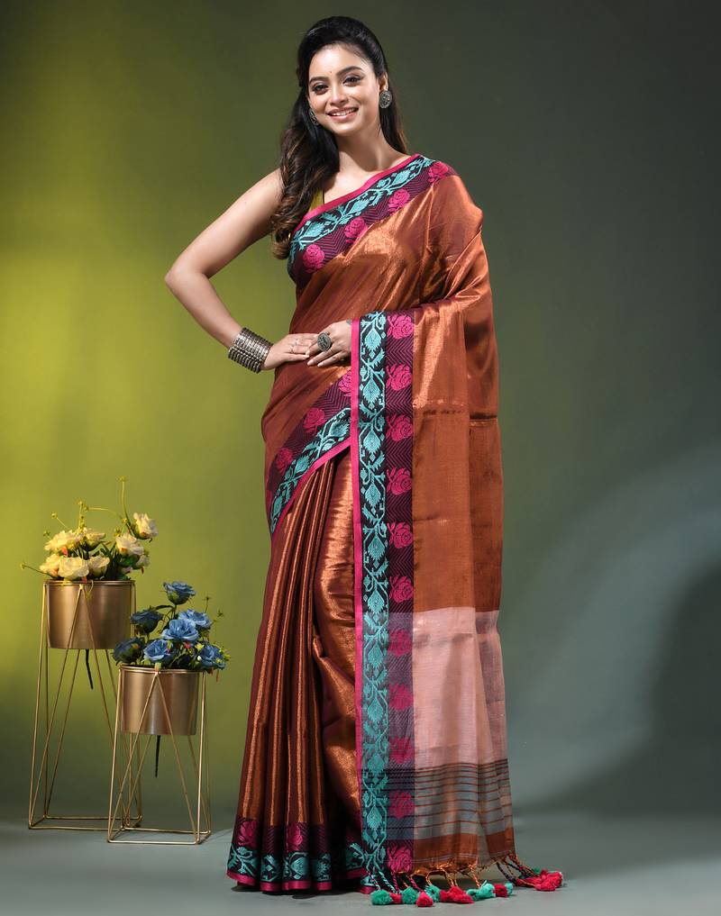 Copper tissue saree with rose woven border