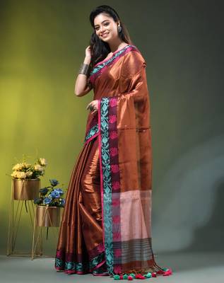 Copper tissue saree with rose woven border 2