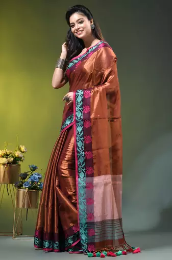 Copper tissue saree with rose woven border