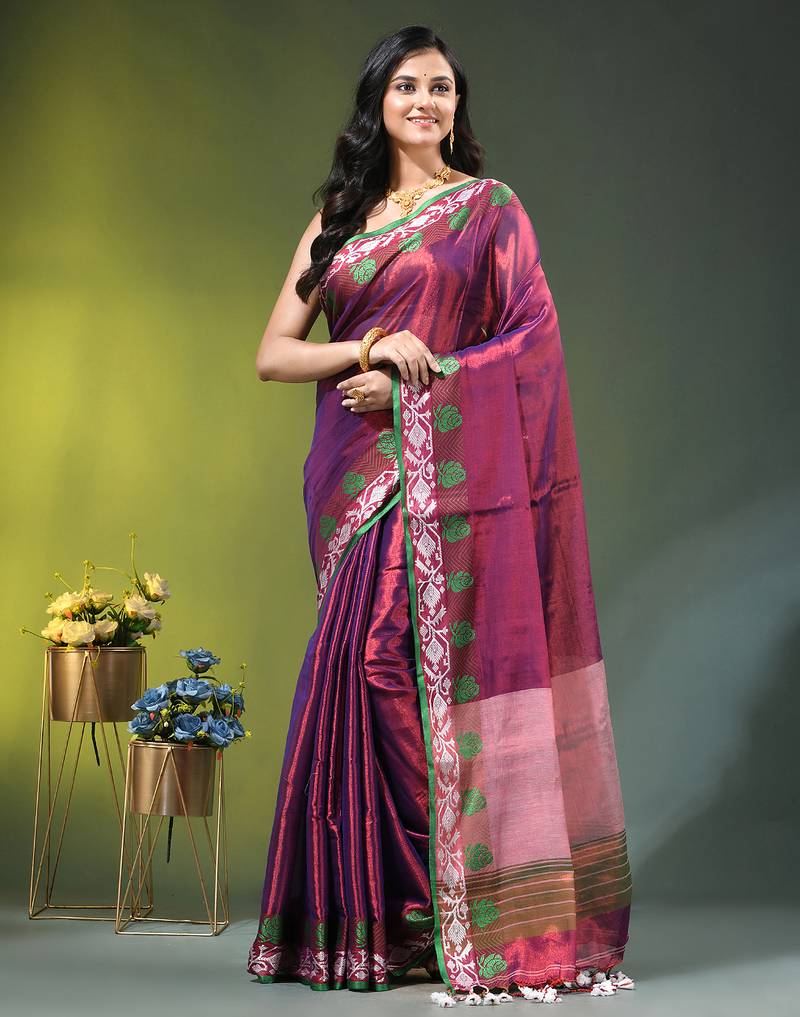 Blue tissue saree with rose woven border