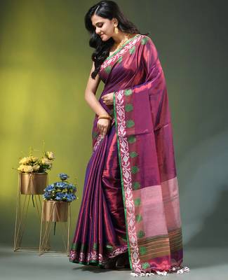 Blue tissue saree with rose woven border 2
