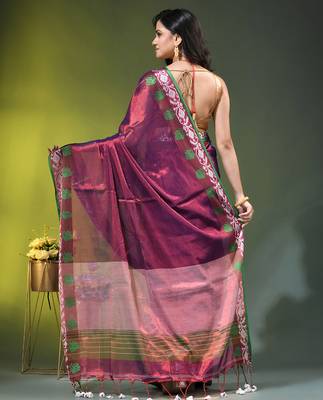 Blue tissue saree with rose woven border 3
