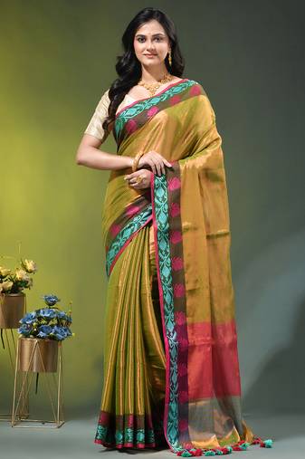 Green tissue saree with rose woven border