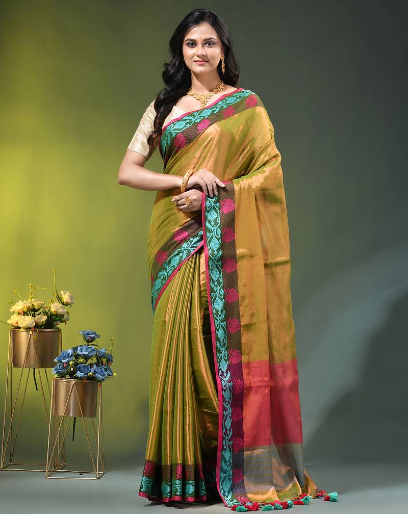 Green tissue saree with rose woven border