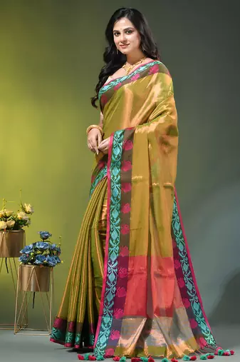 Green tissue saree with rose woven border