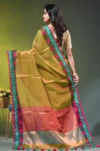Green tissue saree with rose woven border