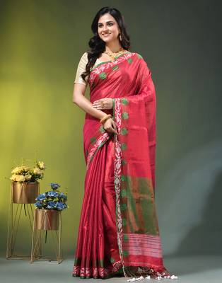 Pink tissue saree with rose woven border 1
